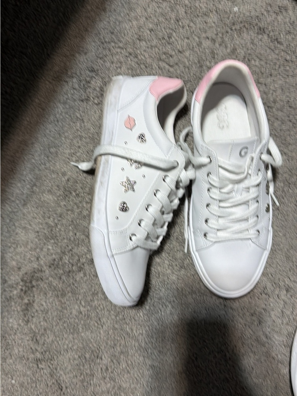 Guess White Sneakers with Pink Heel and Metallic Stud Accents